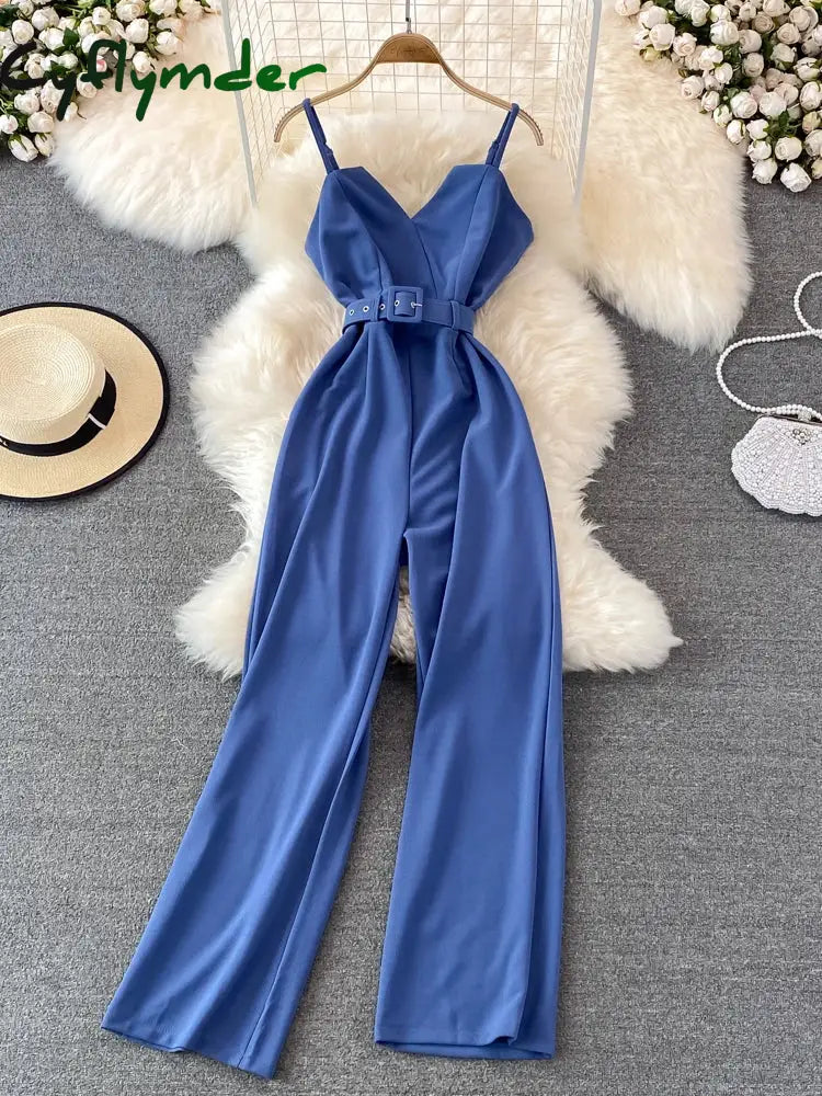 Cyflymder Summer Sexy Women Romper Female Red/Orange/Black Sleeveless High Waist V-Neck Wide Leg Playsuit With Sashes