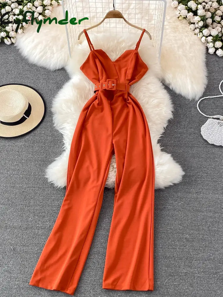 Cyflymder Summer Sexy Women Romper Female Red/Orange/Black Sleeveless High Waist V-Neck Wide Leg Playsuit With Sashes