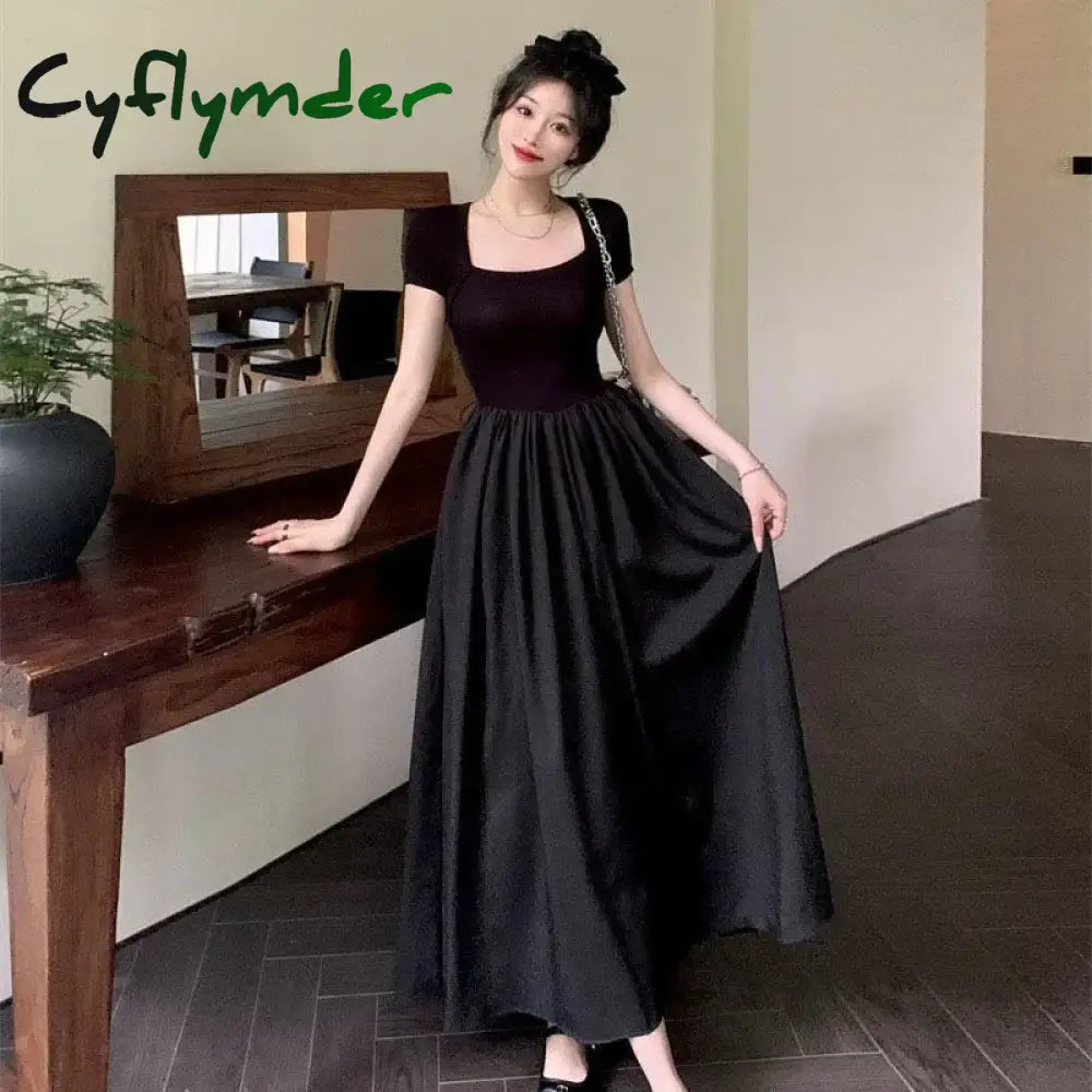 Cyflymder Summer Short Sleeve Black Dress Women Elegant Slim Patchwork Party Long Dresses Woman