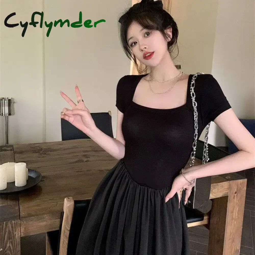 Cyflymder Summer Short Sleeve Black Dress Women Elegant Slim Patchwork Party Long Dresses Woman
