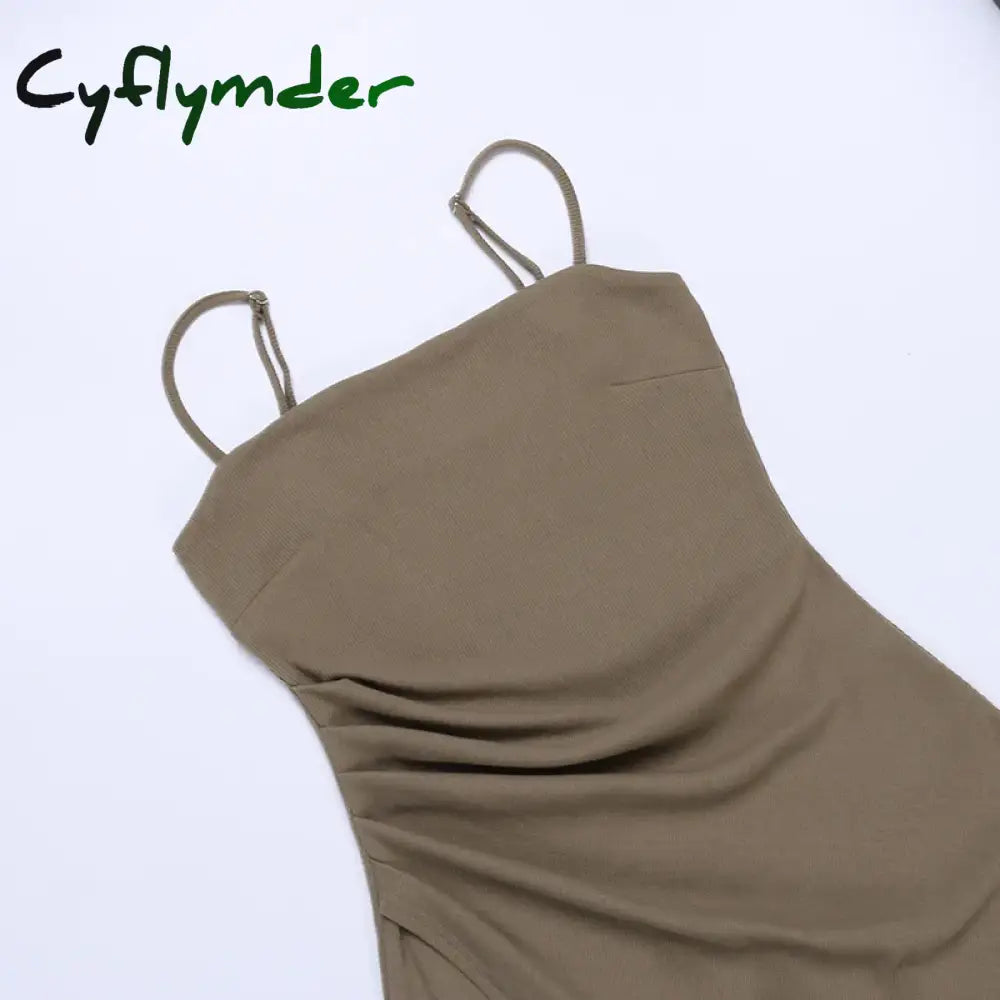 Cyflymder Summer Sling Long Dresses Women Side Split Ruched Solid Dress Elegant Party Club Sexy