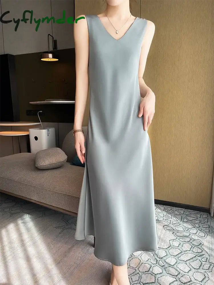 Cyflymder Summer Solid Silk Long Mid-Calf Party Dresses Elegant Women’s Satin Dress Sexy V-Neck