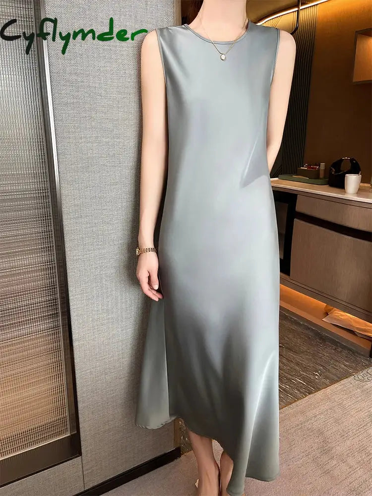 Cyflymder Summer Solid Silk Long Mid-Calf Party Dresses Elegant Women’s Satin Dress Sexy V-Neck