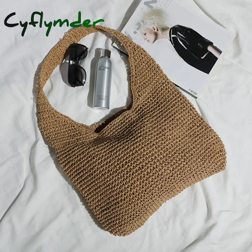 Cyflymder Summer Straw Beach Bag Vintage Handmade Woven Shoulder Solid Color Rattan Bags Bohemian