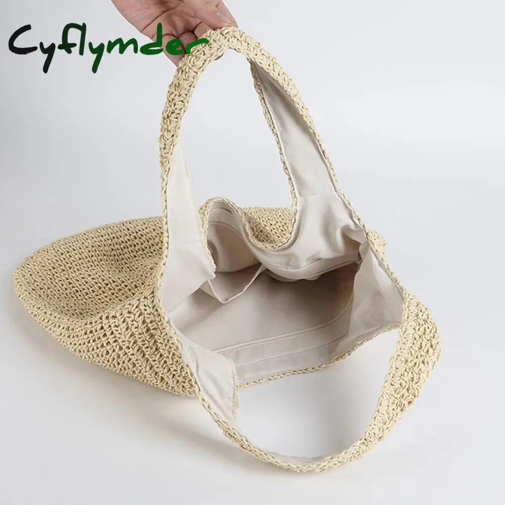 Cyflymder Summer Straw Beach Bag Vintage Handmade Woven Shoulder Solid Color Rattan Bags Bohemian