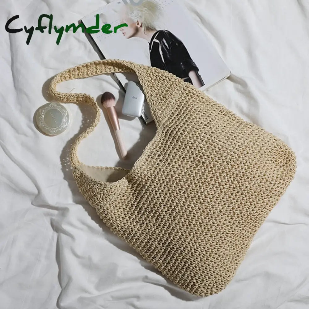 Cyflymder Summer Straw Beach Bag Vintage Handmade Woven Shoulder Solid Color Rattan Bags Bohemian