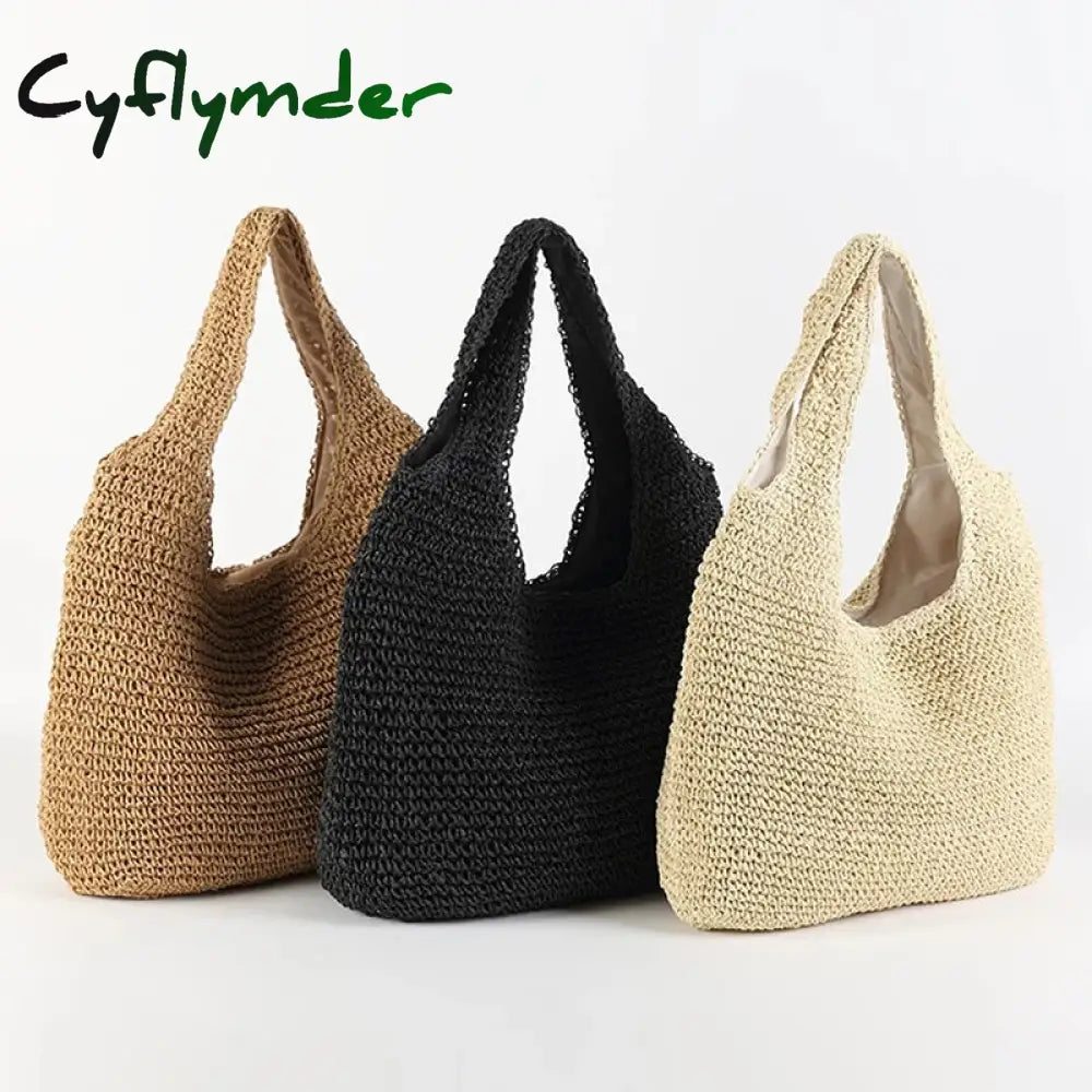 Cyflymder Summer Straw Beach Bag Vintage Handmade Woven Shoulder Solid Color Rattan Bags Bohemian