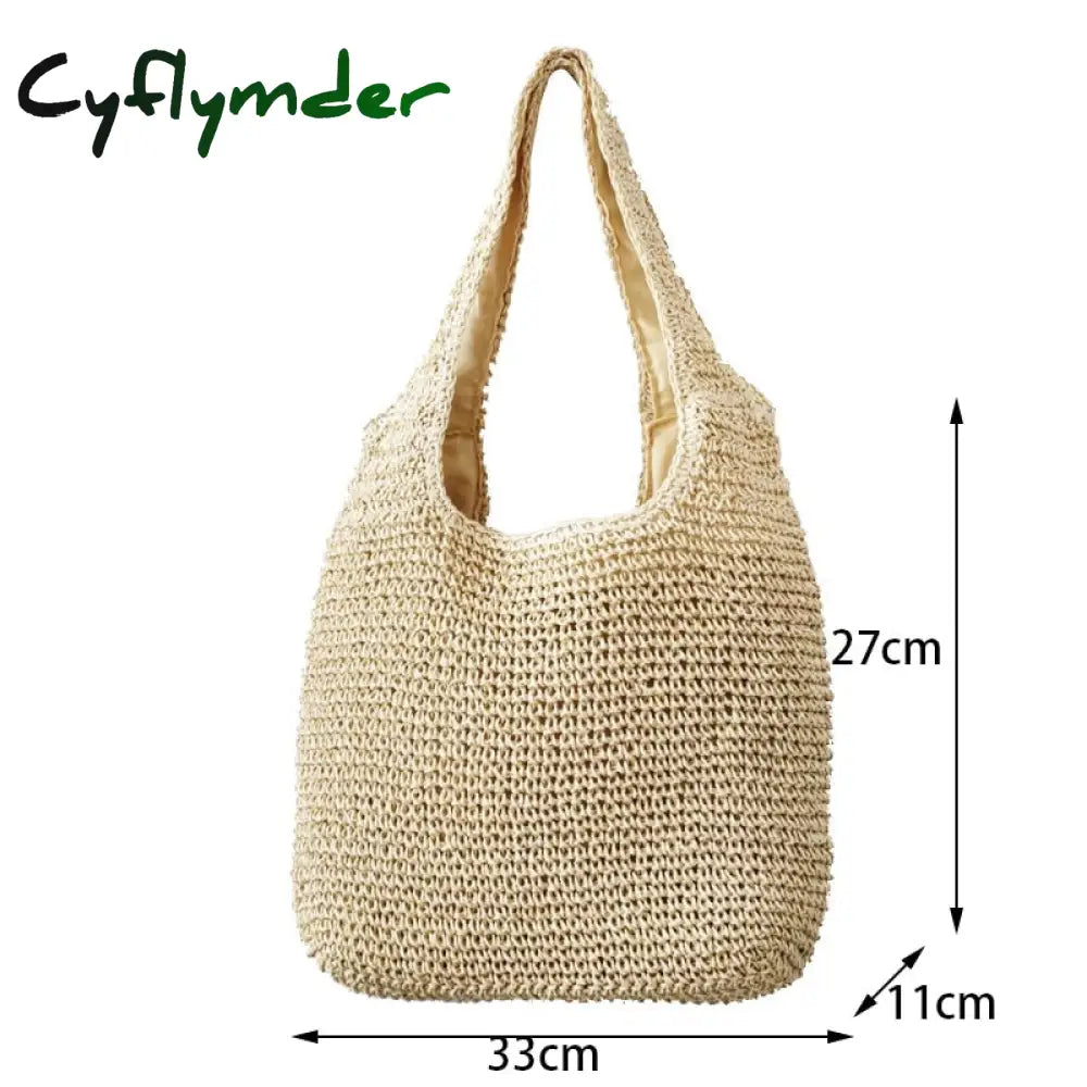 Cyflymder Summer Straw Beach Bag Vintage Handmade Woven Shoulder Solid Color Rattan Bags Bohemian