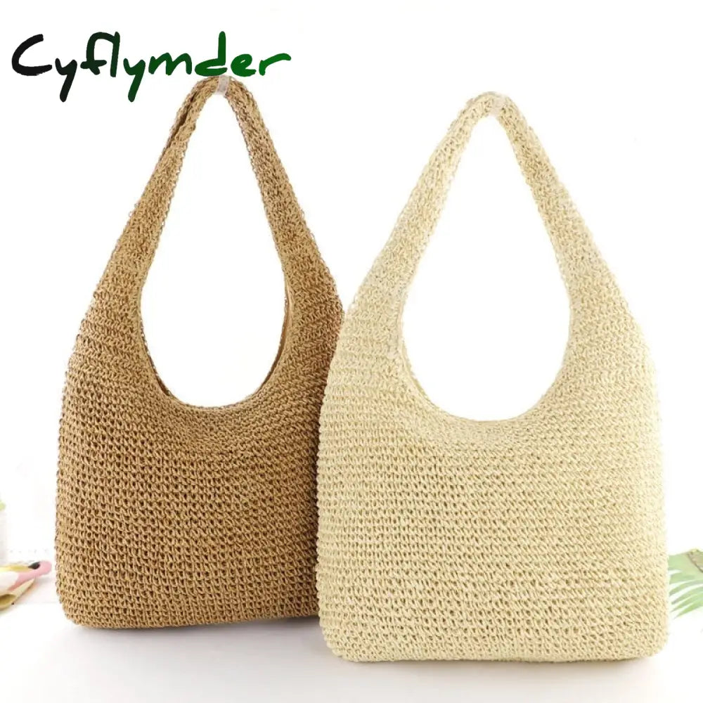 Cyflymder Summer Straw Beach Bag Vintage Handmade Woven Shoulder Solid Color Rattan Bags Bohemian