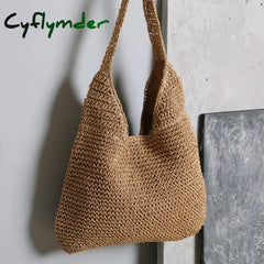 Cyflymder Summer Straw Beach Bag Vintage Handmade Woven Shoulder Solid Color Rattan Bags Bohemian