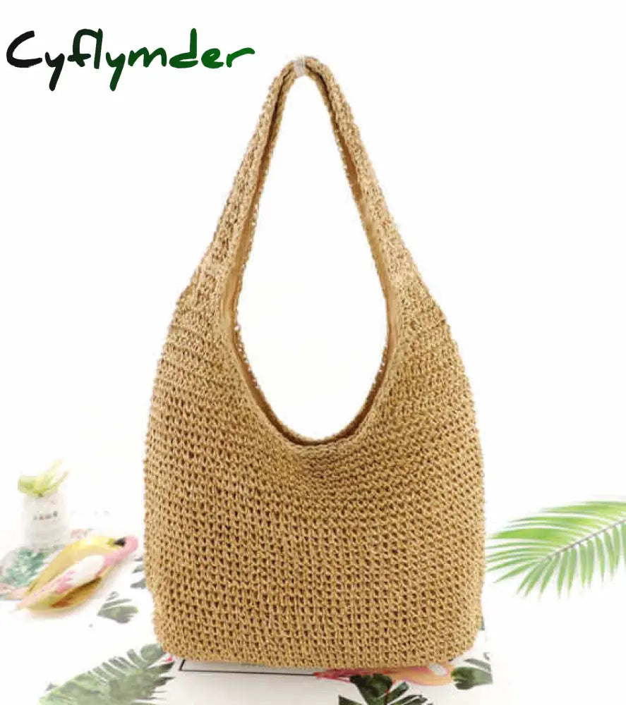 Cyflymder Summer Straw Beach Bag Vintage Handmade Woven Shoulder Solid Color Rattan Bags Bohemian