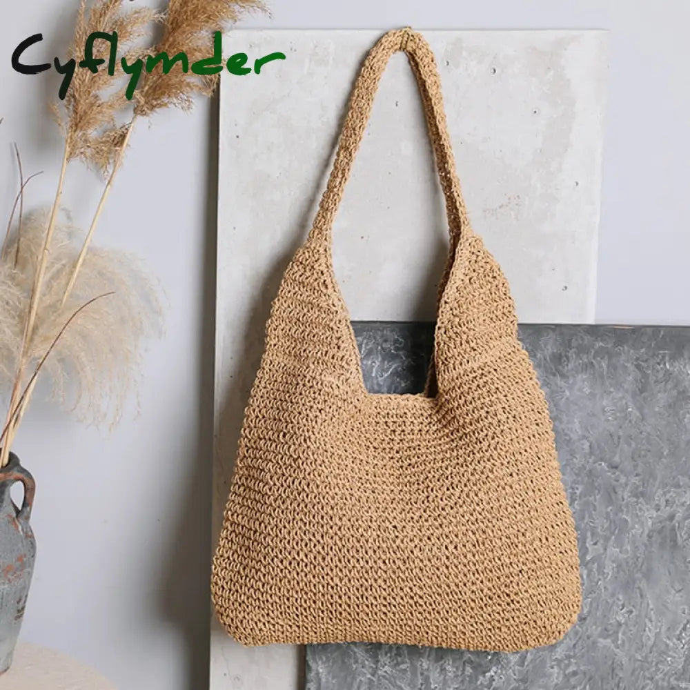 Cyflymder Summer Straw Beach Bag Vintage Handmade Woven Shoulder Solid Color Rattan Bags Bohemian