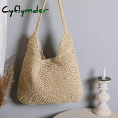 Cyflymder Summer Straw Beach Bag Vintage Handmade Woven Shoulder Solid Color Rattan Bags Bohemian