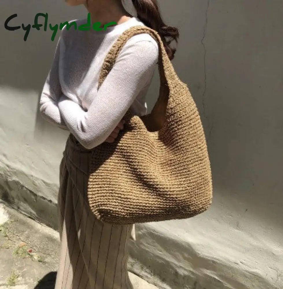 Summer Straw Beach Bag Vintage Handmade Woven Shoulder Bag Solid Color Rattan Bags Bohemian Summer Vacation Casual Travel Bag