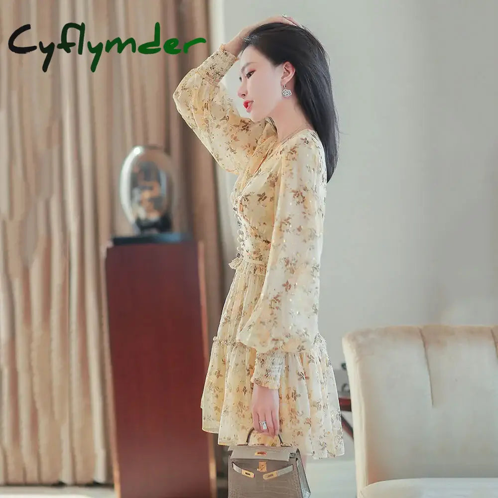 Cyflymder Summer Sundress Ruffle Short Dresses Floral Elegant Women Chiffon Dress Holiday Sweet