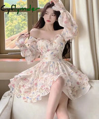 Cyflymder Summer Sweet V-Neck Floral Chiffon Dress Women Elegant Long Sleeve Ruffles Party Mini