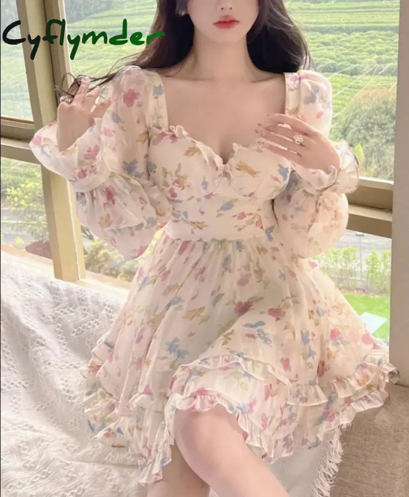 Cyflymder Summer Sweet V-Neck Floral Chiffon Dress Women Elegant Long Sleeve Ruffles Party Mini