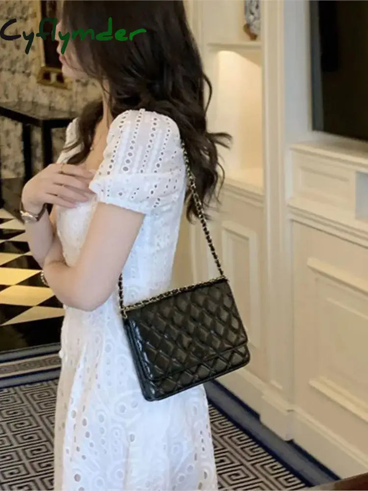 Cyflymder Summer White Midi Dress Hollow Out For Women Elegant Square Collar Puff Sleeve French