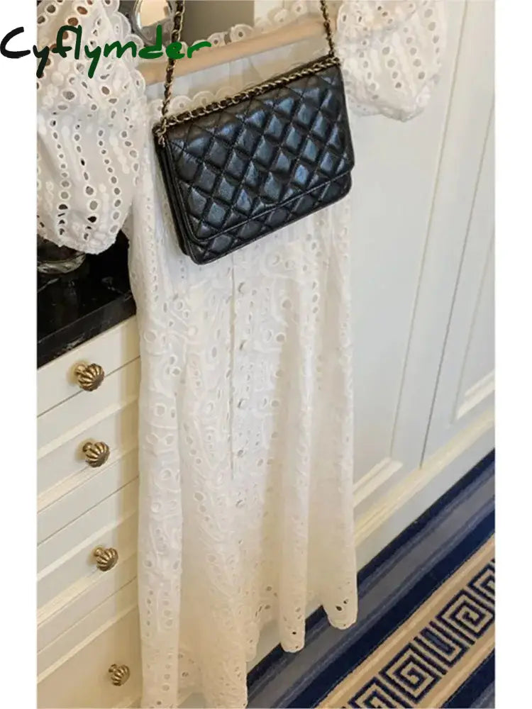 Cyflymder Summer White Midi Dress Hollow Out For Women Elegant Square Collar Puff Sleeve French