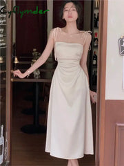 Cyflymder Summer Women Spaghetti Strap Elegant Midi Satin Dresses Vintage Wedding Evening Birthday