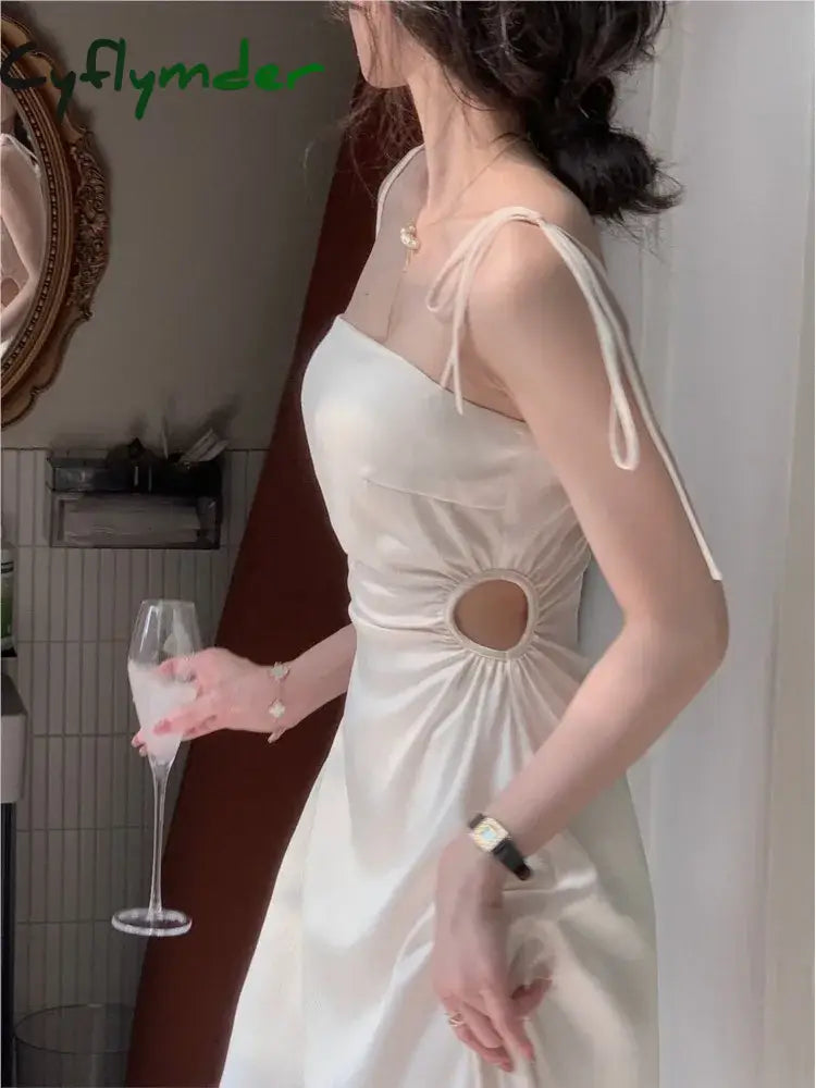Cyflymder Summer Women Spaghetti Strap Elegant Midi Satin Dresses Vintage Wedding Evening Birthday