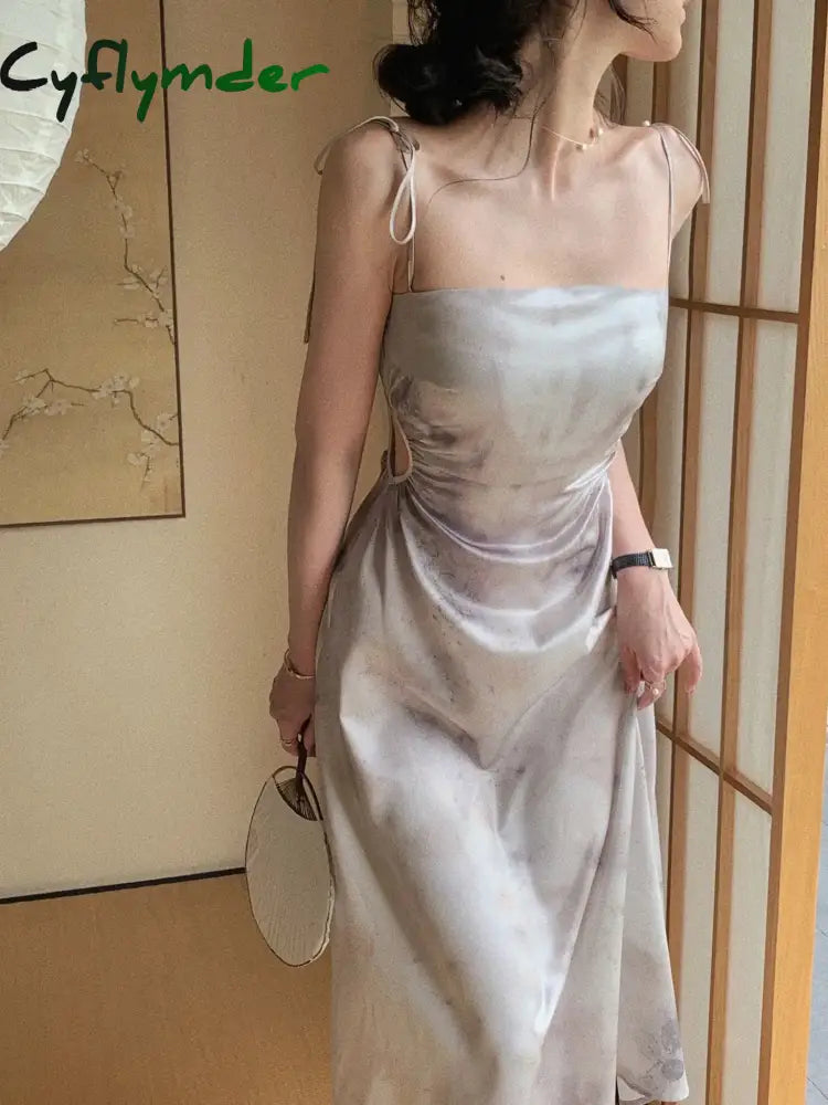 Cyflymder Summer Women Spaghetti Strap Elegant Midi Satin Dresses Wedding Evening Birthday Holiday