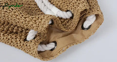 Cyflymder Summer Women Straw Backpack Handmade Beach Bag Drawstring Knapsack Knitted Crocheted