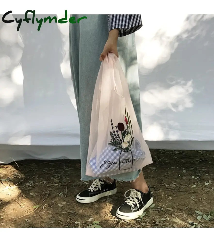 Cyflymder Summer Women Transparent Tote Organza Yarn Cloth Beach Bag Embroidery Handbag High