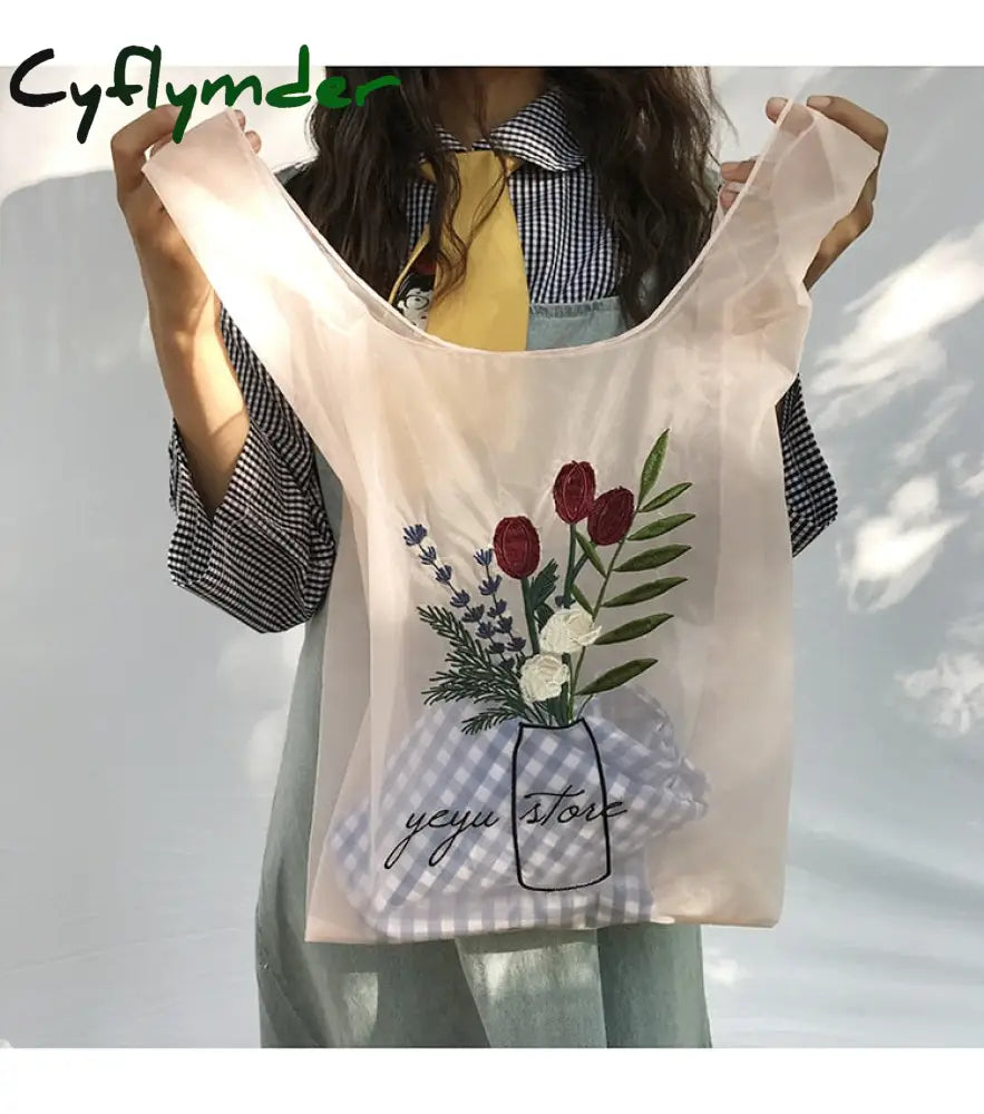 Cyflymder Summer Women Transparent Tote Organza Yarn Cloth Beach Bag Embroidery Handbag High