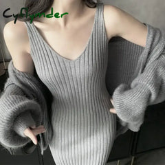 Cyflymder Suspended Sweater Dress Women Slim Fit Mid Length Wrapped Hip Spring Autumn Knitted Tank