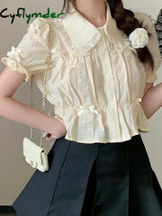 Cyflymder Sweet Blouses Women Lolita Style Kawaii Bow Puff Short Sleeve Crop Tops Girls French Lace Peter Pan Collar