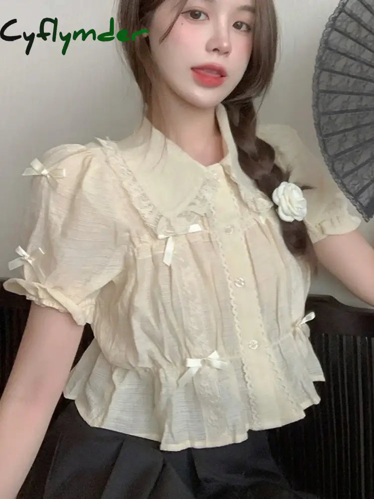Cyflymder Sweet Blouses Women Lolita Style Kawaii Bow Puff Short Sleeve Crop Tops Girls French Lace Peter Pan Collar