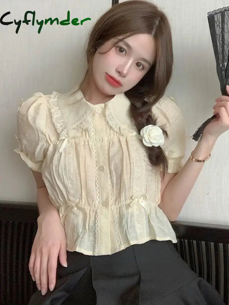 Cyflymder Sweet Blouses Women Lolita Style Kawaii Bow Puff Short Sleeve Crop Tops Girls French Lace Peter Pan Collar