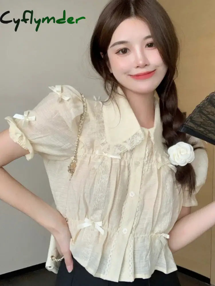 Cyflymder Sweet Blouses Women Lolita Style Kawaii Bow Puff Short Sleeve Crop Tops Girls French Lace Peter Pan Collar