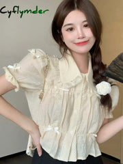Cyflymder Sweet Blouses Women Lolita Style Kawaii Bow Puff Short Sleeve Crop Tops Girls French Lace Peter Pan Collar