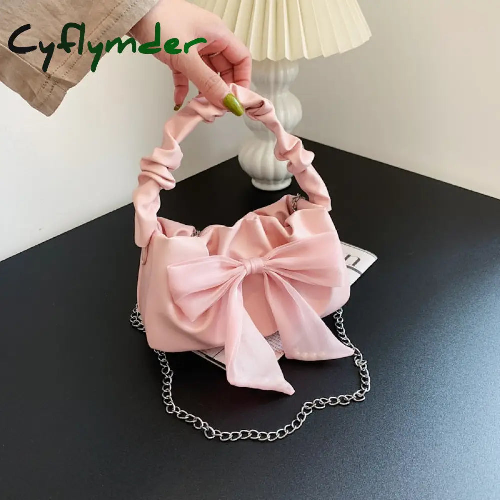 Cyflymder Sweet Bow Design Women’s Shoulder Bags Lovely Girls Top-Handle Solid Color Pu Leather