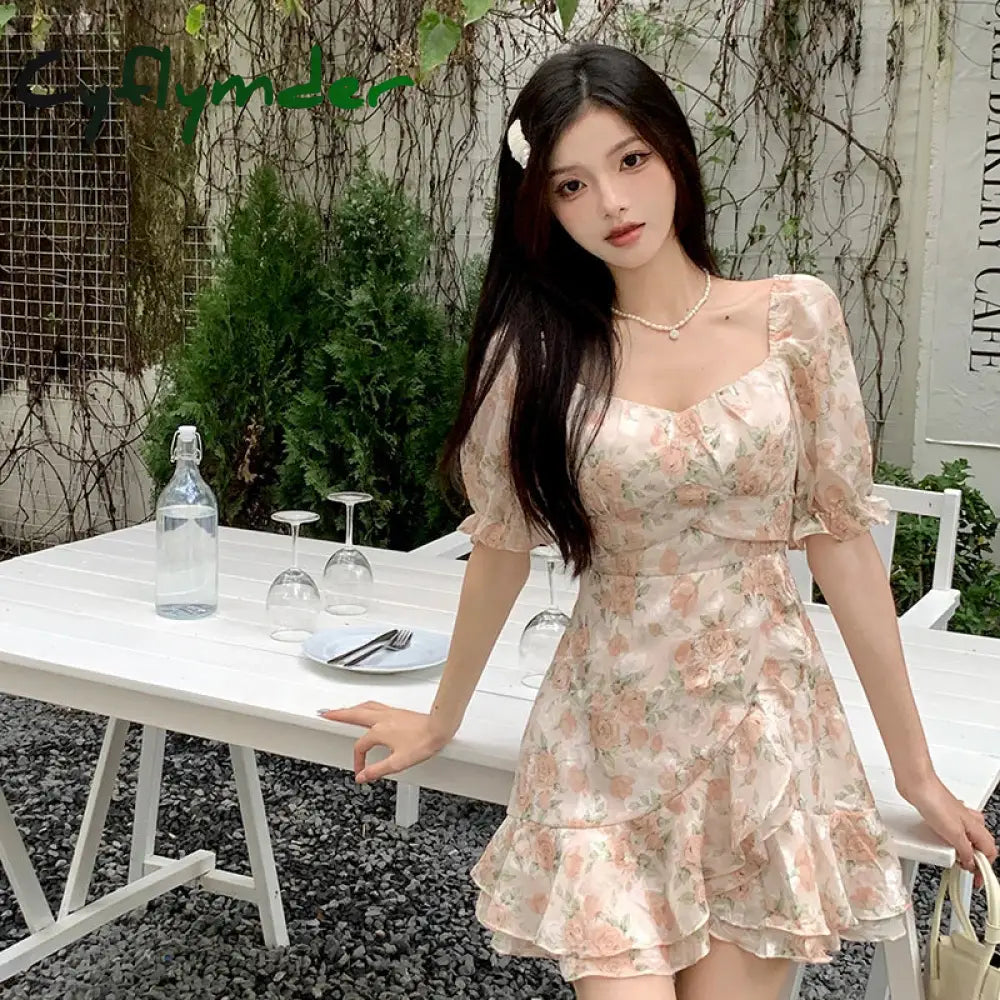 Cyflymder Sweet Floral Chiffon Dress Women Summer Elegant Princess Sleeves Ruffles Party Mini