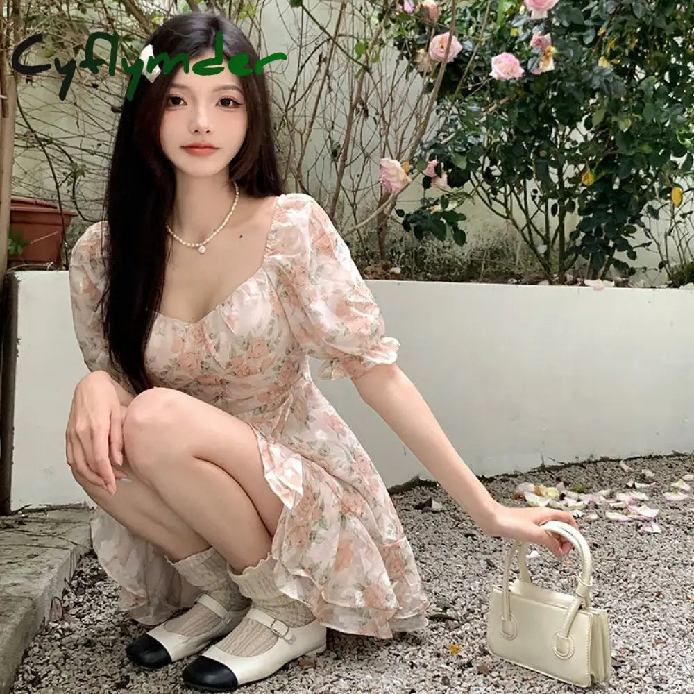 Cyflymder Sweet Floral Chiffon Dress Women Summer Elegant Princess Sleeves Ruffles Party Mini