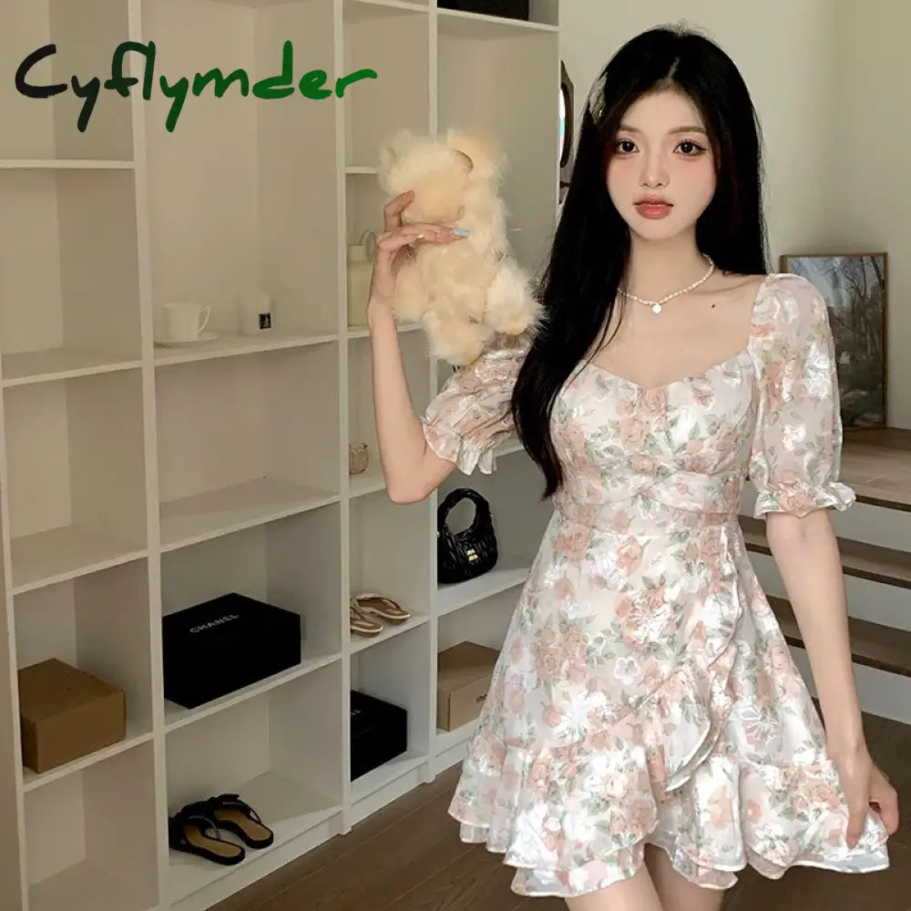 Cyflymder Sweet Floral Chiffon Dress Women Summer Elegant Princess Sleeves Ruffles Party Mini