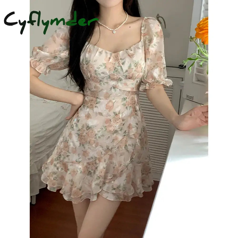 Sweet  Floral Chiffon Dress Women Summer Elegant Princess Sleeves Ruffles Party Mini Dresses Female Korean Chic Slim Vestidos