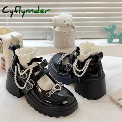 Cyflymder Sweet Heart-Shaped Buckle Lolita Shoes Women Patent Leather Platform Mary Janes Woman Metal Decoration Chunky