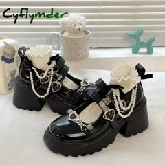 Cyflymder Sweet Heart-Shaped Buckle Lolita Shoes Women Patent Leather Platform Mary Janes Woman Metal Decoration Chunky