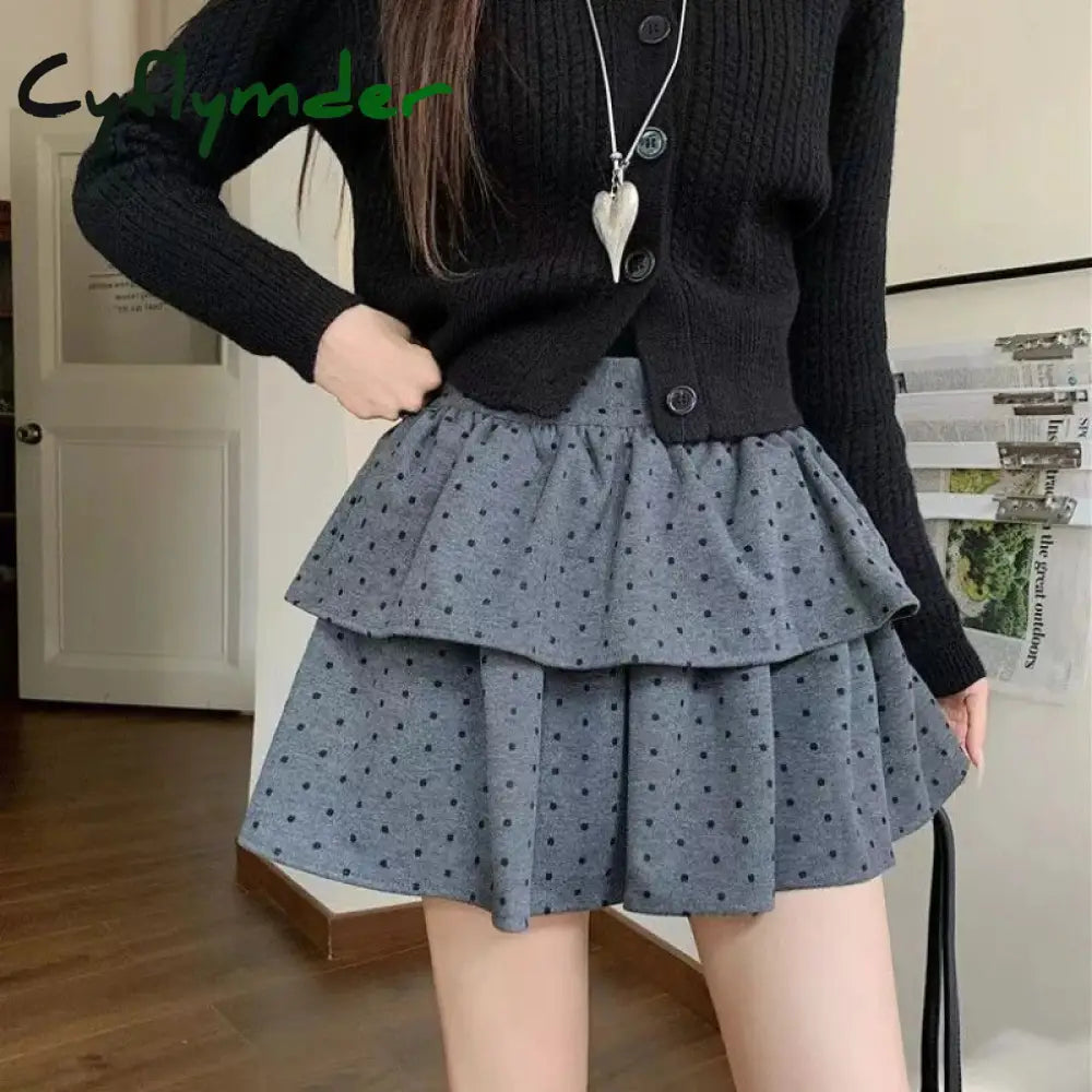 Cyflymder Sweet Kawaii Mini Skirt Women Grey Korean Style Elegant Dot Short Skirts Coquette Fashion High Waist Cute