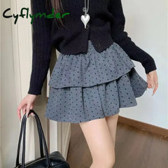 Cyflymder Sweet Kawaii Mini Skirt Women Grey Korean Style Elegant Dot Short Skirts Coquette Fashion High Waist Cute