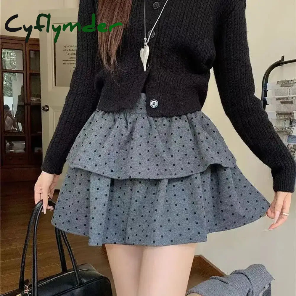 Cyflymder Sweet Kawaii Mini Skirt Women Grey Korean Style Elegant Dot Short Skirts Coquette Fashion High Waist Cute