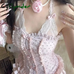 Cyflymder Sweet Lolita Style 2 Piece Set Women Kawaii Bow Lace Halter Neck Tops Ruffles Mini Cake