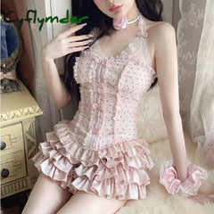 Sweet Lolita Style 2 Piece Set Women Kawaii Bow Lace Halter Neck Tops Ruffles Mini Cake Skirts Female Fashion Gothic Y2k Outfit