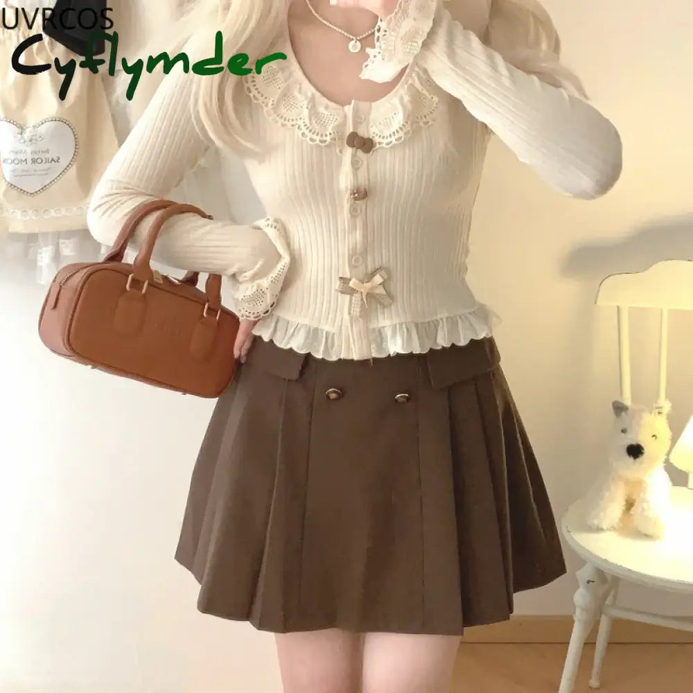 Cyflymder Sweet Lolita Style Short Cardigan Women Kawaii Lace Patchwork Ruffles Bow Knitted Coat