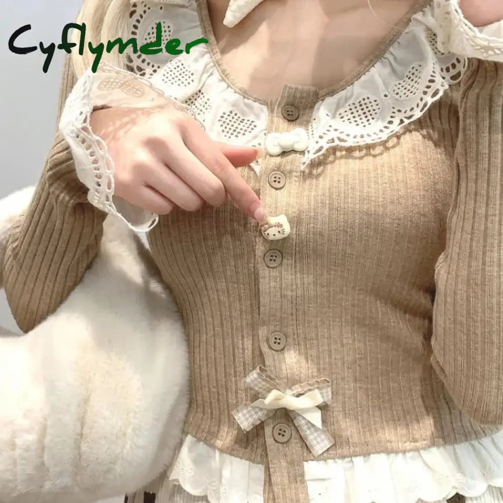 Cyflymder Sweet Lolita Style Short Cardigan Women Kawaii Lace Patchwork Ruffles Bow Knitted Coat