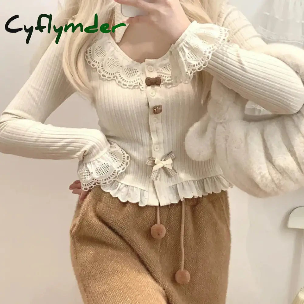 Cyflymder Sweet Lolita Style Short Cardigan Women Kawaii Lace Patchwork Ruffles Bow Knitted Coat